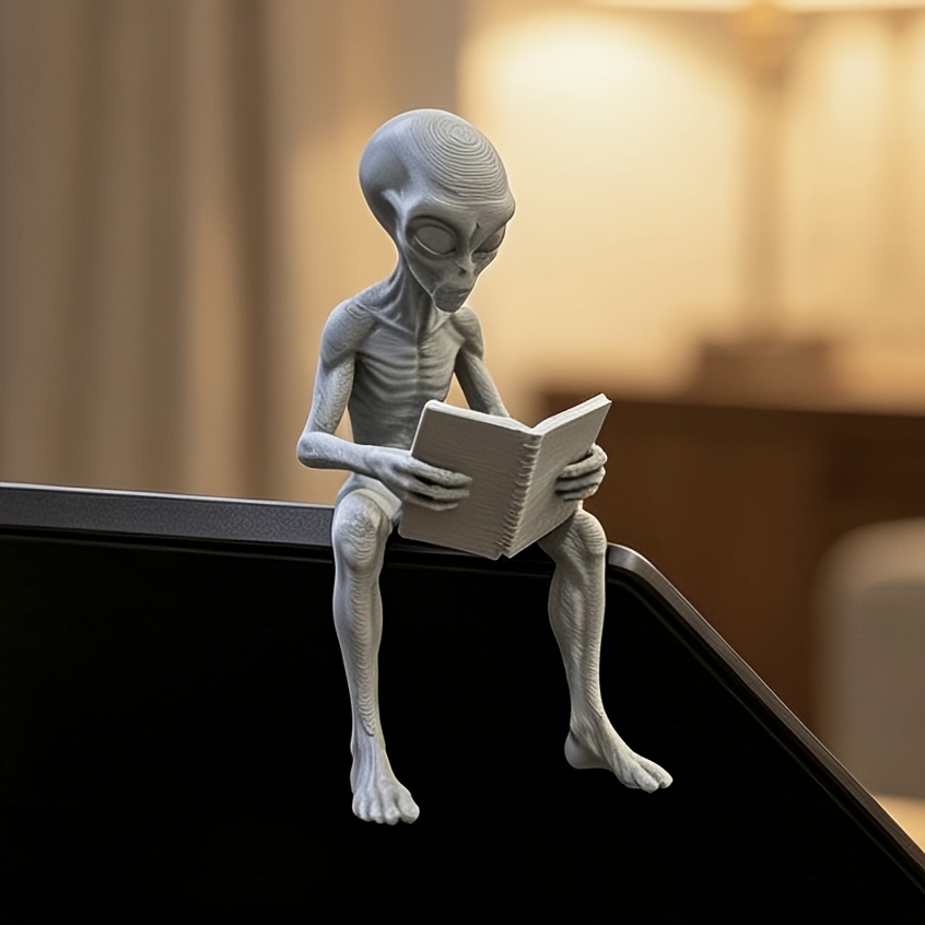 3D Printing Office Setup - 読書をするエイリアンのミニフィギュア 3Dプリントされた地球外の書斎虫像 ノベルティモニタートップデスクデコレーション ゲーミングセットアップ オタクオフィス飾り