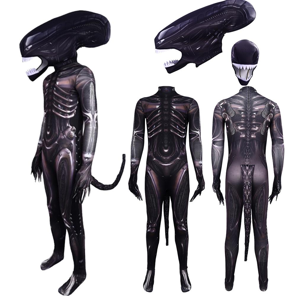 3D Printing Xenomorph - エイリアン ゼノモーフ コスプレ衣装、3Dプリント全身ジャンプスーツ（マスク付き）、ハロウィン＆ステージパフォーマンス用ホラー映画風衣装
