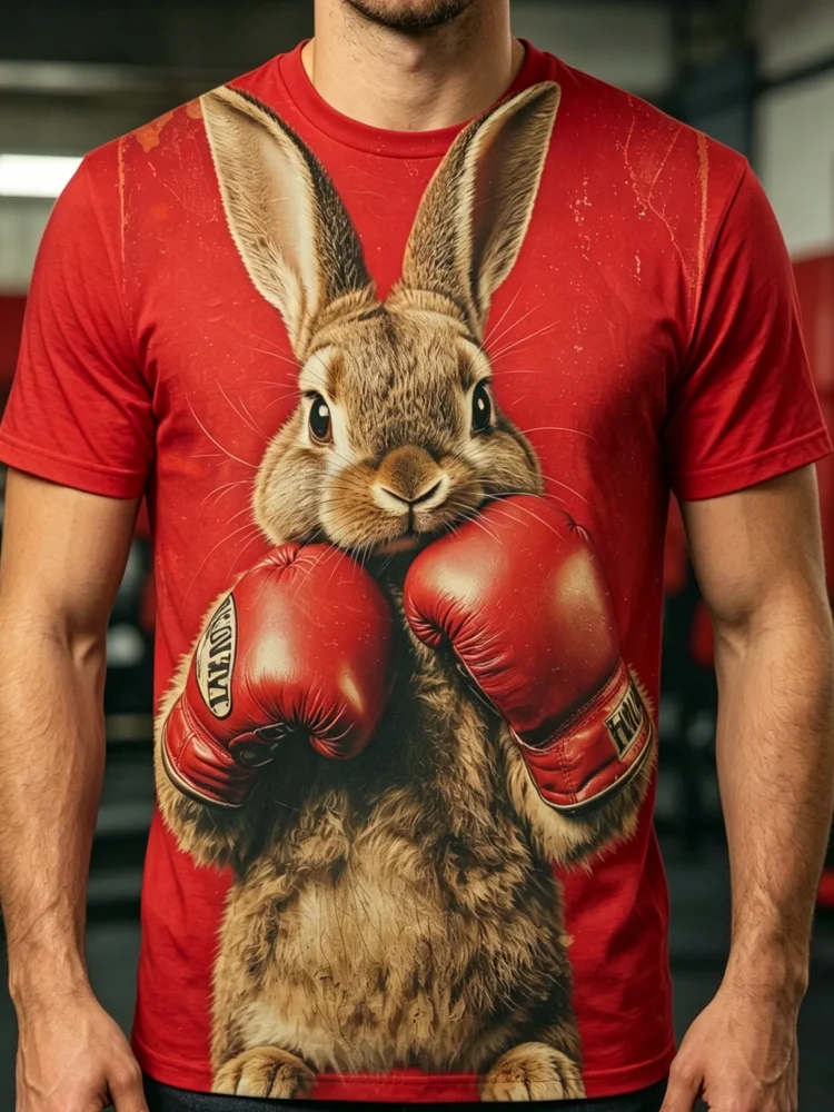 3D Printing Rabbit - 3DボクシングラビットプリントメンズTシャツ 面白いウサギグラフィックTシャツ メンズアニマルTシャツ トレンドストリートメンズ服 夏スポーツトップス