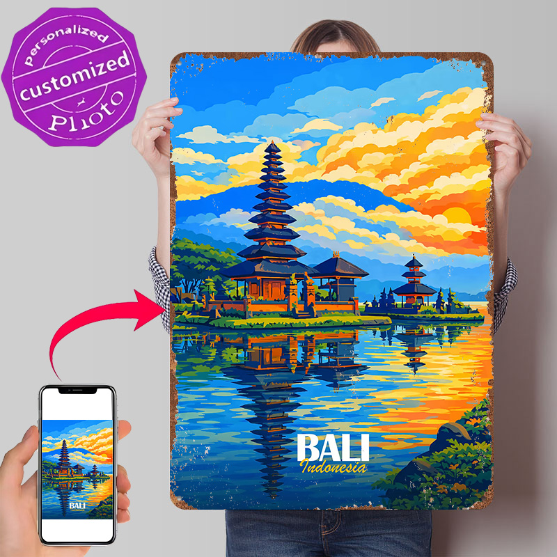バリ島ウルン・ダンヌ寺院の夕日ポスター レトロ3Dプリントメ - 3D Printing Bali のレビューと価格