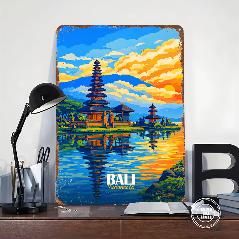 バリ島ウルン・ダンヌ寺院の夕日ポスター レトロ3Dプリントメ - 3D Printing Bali のレビューと価格